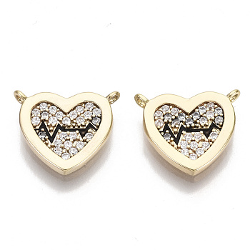 Brass Micro Pave Clear Cubic Zirconia Charms, with Enamel, Heart with HeartBeat, Nickel Free, Black, Real 18K Gold Plated, 11x12.5x2mm, Hole: 1mm