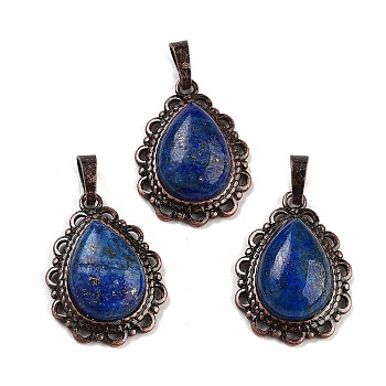 Dyed Natural Lapis Lazuli Teardrop Pendants, Red Copper Tone Brass Charms, 28.5x20.5x7mm, Hole: 8x5mm