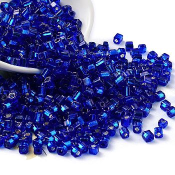 Glass Seed Beads, Silver Lined, Square, Medium Blue, 3~4x3x3mm, Hole: 1.2mm, about 6300pcs/pound