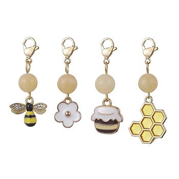 Bee & Honeycomb & Flower & Honey Jar Alloy Enamel Pendant Decorations, Natural Topaz Jade Beads and Lobster Claw Clasps Charms, Golden, 37~45mm, 4pcs/set