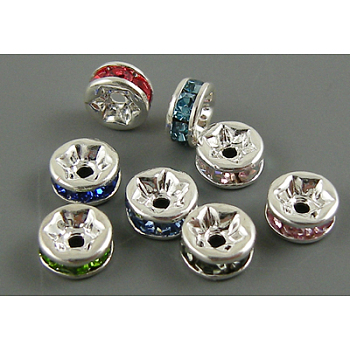 Brass Rhinestone Spacer Beads, Grade A, Mixed Color, Rondelle, Nickel Free, Silver Color Plated,Size: about 7mm in diameter, 3.2mm thick, hole: 1.2mm