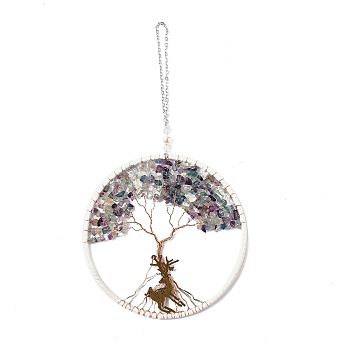 Wire Wrapped Chips Natural Fluorite Big Pendant Decorations, with Iron Chains and Imitation Leather Rope, Flat Round with Tree of Life, 295mm