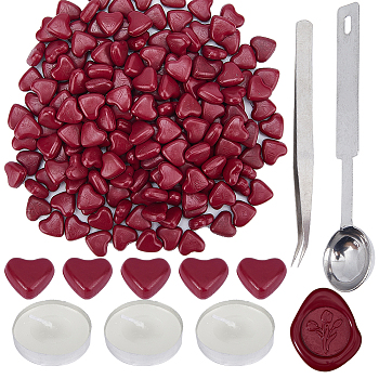 200Pcs Heart Sealing Wax Particles, with 1Pc Stainless Steel Spoon and 3Pcs Flat Round Candles and 1Pc Iron Beading Tweezers, for Retro Seal Stamp, Dark Red, Sealing Wax Particles Heart: 12.5x13.5x6.5mm