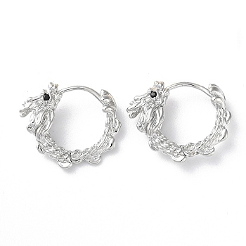Brass Micro Pave Cubic Zirconia Hoop Earrings, Dragon, Real Platinum Plated, 16.5x5.5mm