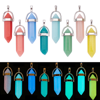 16Pcs 8 Colors Synthetic Luminous Stone Pendants, with Platinum Tone Iron Findings, Double Terminated Pointed/Bullet Shape, Dyed, Mixed Color, 40.5x13x10mm, Hole: 5x4mm, 2pcs/color