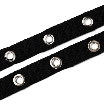 Cotton Ribbons with Eyelet Rings, for Garment Accessories, Black, 3/4 inch(20mm), hole: 6mm