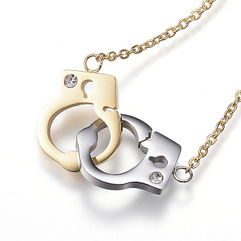 304 Stainless Steel Pendant Necklaces, with Rhinestone, Handcuffs, Golden & Stainless Steel Color, 17.32 inch(44cm)