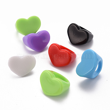 Opaque Acrylic Heart Finger Rings, Mixed Color, US Size 7 1/4(17.5mm)(RJEW-T010-14)