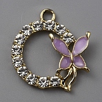 Alloy Enamel Pendants, with Rhinestone, Flat Round with Butterfly Charm, Light Gold, Medium Purple, 22x20x3mm, Hole: 2mm(PALLOY-WH0112-03KCG-06)