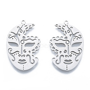 201 Stainless Steel Pendants, Face Charm, Stainless Steel Color, 33x21x1mm, Hole: 1.5mm(STAS-N090-LA947-1)