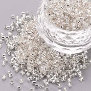 Glass Bugle Beads, Silver Lined, Floral White, 1.8~2.2x1.8~2mm, Hole: 0.8~0.9mm, about 15000pcs/pound(SEED-S032-08A-21)