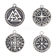 4Pcs 4 Style 304 Stainless Steel Norse Valknut Rune Pendant, Flat Round, Antique Silver, 22~25x18.5~21x1.4~3mm, Hole: 1.6~2mm, 1pc/style(STAS-DC0012-48)