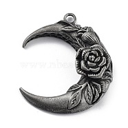 Tibetan Style Alloy Pendant, Frosted, Moon with Rose Charm, Antique Silver, 43x36x11mm, Hole: 3mm(PALLOY-H133-45AS)