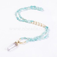 Natural Amazonite and Natural Quartz Crystal Pendant Necklaces, with Pearl and Brass Findings, Bullet, 31.5 inch~32.3 inch(80~82cm), Pendant: 45~55x15x10mm(NJEW-I220-06)