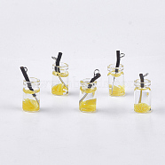 Glass Bottle Pendants, with Resin, Plastic and Iron Findings, Fruit Tea Charms, Platinum, Yellow, 25~28x10mm, Hole: 1.8mm(X-CRES-N017-06D)