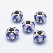 Handmade Polymer Clay European Beads, Large Hole Beads, Rondelle with Flower Pattern, Medium Purple, 13~16x8~11mm, Hole: 4.5~5mm(CLAY-K002-K03)