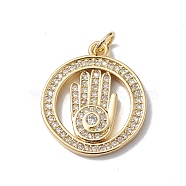 Brass Micro Pave Cubic Zirconia Pendants, Cadmium Free & Lead Free, Real 18K Gold Plated, Long-Lasting Plated, with Jump Ring, Ring with Palm Charm, Clear, 20.5x18x2mm, Hole: 3mm(KK-E003-05G)