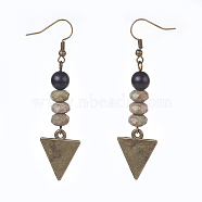 Natural Unakite and Sandalwood Beads Dangle Earrings, with Alloy Blank Tag Pendants and Brass Earring Hooks, Triangle, Antique Bronze, 69~70mm, Pendant: 57mm, Pin: 0.6mm(EJEW-JE02802-02)