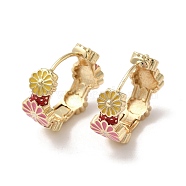Real 18K Gold Plated Brass Flower Hoop Earrings, with Enamel, Yellow, 19x8.5mm(EJEW-L268-023G-02)