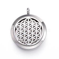 316 Surgical Stainless Steel Diffuser Locket Pendants, Spiritual Charms, with Perfume Pad and Magnetic Clasps, Flower of Life/Sacred Geometry, Stainless Steel Color, Black, 36.5~37x30x6~6.5mm, Hole: 5mm; inner diameter: 23mm(STAS-P102-095G)