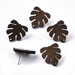 Tropical Theme Walnut Wood Stud Earring Findings, with 304 Stainless Steel Pin, Monstera Leaf, Coconut Brown, 20x18mm, Hole: 1.8mm, Pin: 0.7mm(X-MAK-N033-001)