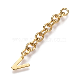 304 Stainless Steel Chain Extender, with Cable Chain and Letter Charms, Golden, Letter.V, Letter V: 11x9x0.7mm, 67.5mm, Link: 8x6x1.3mm(STAS-K206-09G-V)