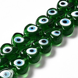 Handmade Evil Eye Lampwork Beads Strands, Heart, Green, 12x12x6mm, Hole: 1.4mm, about 33pcs/strand, 14.37''~14.57''(36.5~37cm)(LAMP-E023-07B-05)