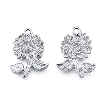 201 Stainless Steel Pendants, Sunflower, Stainless Steel Color, 26x18x2.5mm, Hole: 2mm