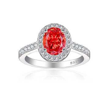 925 Sterling Silver Micro Pave Cubic Zirconia Plain Band Rings, Real Platinum Plated, Oval, Red, Inner Diameter: 17mm