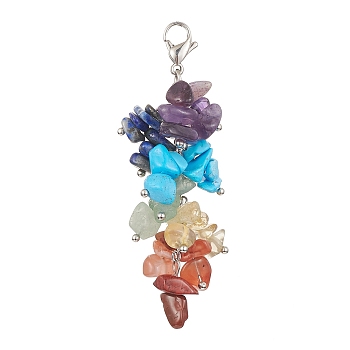 Chakra Natural & Synthetic Mixed Gemstone Chip Beaded Pendant Decorations, 304 Stainless Steel Lobster Claw Clasps, 69mm