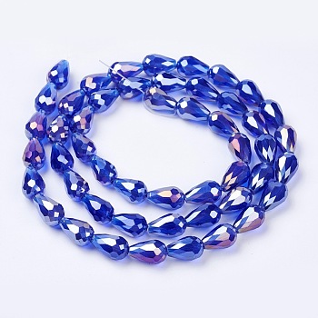 Electroplate Glass Beads Strands, AB Color Plated, Faceted Teardrop, Medium Blue, 15x10mm, Hole: 1.7~2mm, 46~48pcs/strand, 69~72cm
