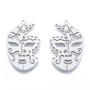 201 Stainless Steel Pendants, Face Charm, Stainless Steel Color, 33x21x1mm, Hole: 1.5mm
