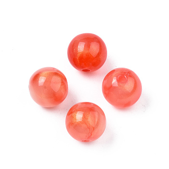 Opaque Acrylic Beads, Two Tone Color, with Glitter Powder, Round, Tomato, 11.5x11mm, Hole: 2mm, about 520pcs/500g
