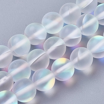 Synthetic Moonstone Beads Strands, Holographic Beads, Round, Frosted, Clear, 6mm, Hole: 1mm, about 64pcs/strand, 15.3 inch(39cm)
