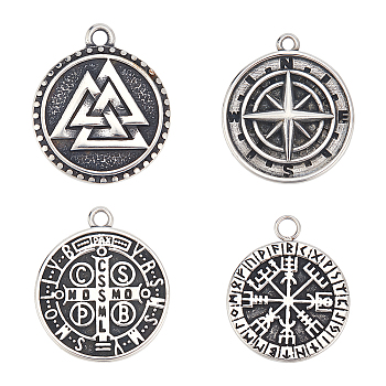 4Pcs 4 Style 304 Stainless Steel Norse Valknut Rune Pendant, Flat Round, Antique Silver, 22~25x18.5~21x1.4~3mm, Hole: 1.6~2mm, 1pc/style