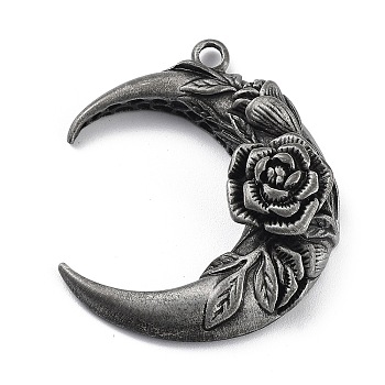 Tibetan Style Alloy Pendant, Frosted, Moon with Rose Charm, Antique Silver, 43x36x11mm, Hole: 3mm
