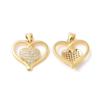 Brass Micro Pave Clear Cubic Zirconia Pendants, Heart Charms, Real 16K Gold Plated, 18x20x4mm, Hole: 4x3.5mm