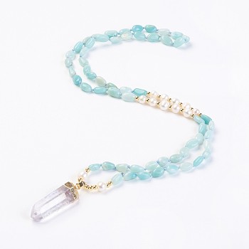 Natural Amazonite and Natural Quartz Crystal Pendant Necklaces, with Pearl and Brass Findings, Bullet, 31.5 inch~32.3 inch(80~82cm), Pendant: 45~55x15x10mm