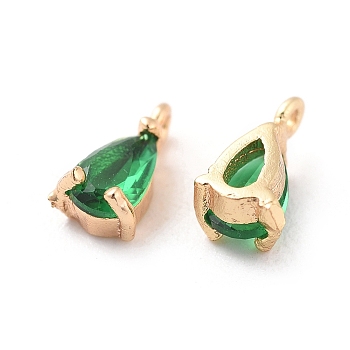 Brass Cubic Zirconia Charms, Nickel Free, Real 18K Gold Plated, teardrop, Green, 7x4x3mm, Hole: 1mm