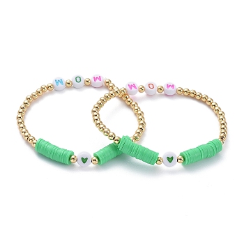 Mother's Day Gifts, Stretch Bracelets, with Polymer Clay Heishi Beads, Initial Acrylic Beads and Golden Plated Brass Beads, Word Mom, Spring Green, Inner Diameter: 2-3/8 inch(6.2cm)