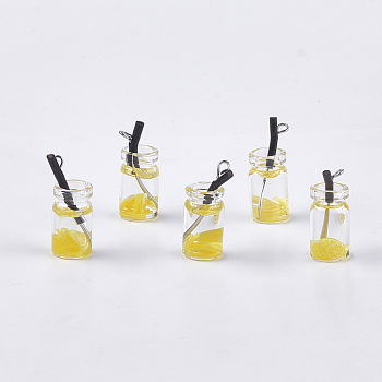 Glass Bottle Pendants, with Resin, Plastic and Iron Findings, Fruit Tea Charms, Platinum, Yellow, 25~28x10mm, Hole: 1.8mm
