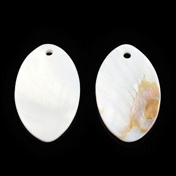 Natural Freshwater Shell Pendants, Oval Charm, Creamy White, 34x20.5x2~3mm, Hole: 2.5mm