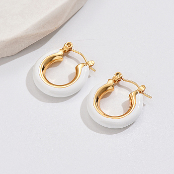 Real 18K Gold Plated 304 Stainless Steel Hoop Earrings, with Enamel, White, 19mm