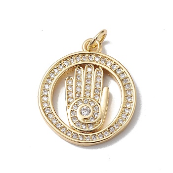 Brass Micro Pave Cubic Zirconia Pendants, Cadmium Free & Lead Free, Real 18K Gold Plated, Long-Lasting Plated, with Jump Ring, Ring with Palm Charm, Clear, 20.5x18x2mm, Hole: 3mm