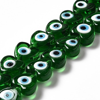 Handmade Evil Eye Lampwork Beads Strands, Heart, Green, 12x12x6mm, Hole: 1.4mm, about 33pcs/strand, 14.37''~14.57''(36.5~37cm)