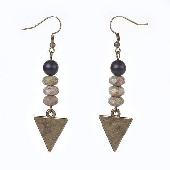Natural Unakite and Sandalwood Beads Dangle Earrings, with Alloy Blank Tag Pendants and Brass Earring Hooks, Triangle, Antique Bronze, 69~70mm, Pendant: 57mm, Pin: 0.6mm