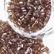 Grade A Glass Seed Beads, Hexagon(Two Cut), Transparent Colours Lustered, Saddle Brown, 1.5~2.5x1.5~2mm, Hole: 0.8mm, about 2100pcs/bag, 450g/bag(SEED-S022-03Q)