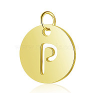 304 Stainless Steel Charms, Flat Round with Letter, Golden, Letter.P, 12x1mm, Hole: 2.5mm(STAS-S105-T514G-P)