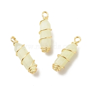 Natural New Jade Double Terminal Pointed Pendants, with Golden Tone Copper Wire Wrapped, Bullet, 26~26.5x8mm, Hole: 2.5~2.8mm(PALLOY-JF01685-01)