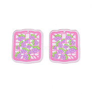 Transparent Printed Acrylic Pendants, with Glitter Powder, Square with Grape, Hot Pink, 38x32x2mm, Hole: 2mm(TACR-N016-15)